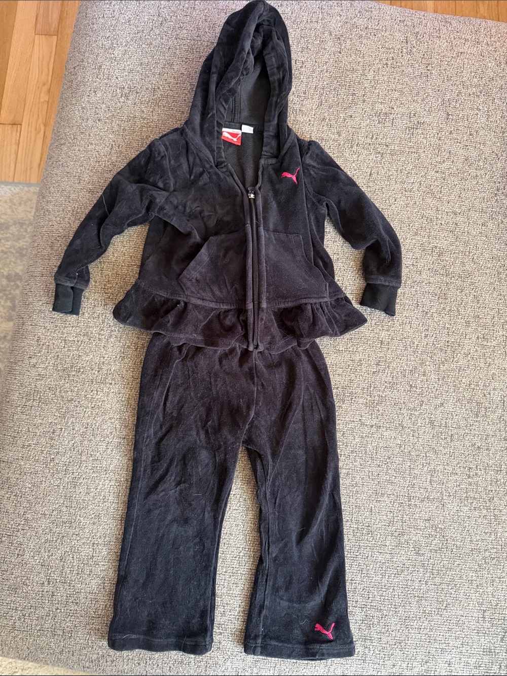 Puma Black Velour Girls Hoodie and Pants with Pink Puma Logos